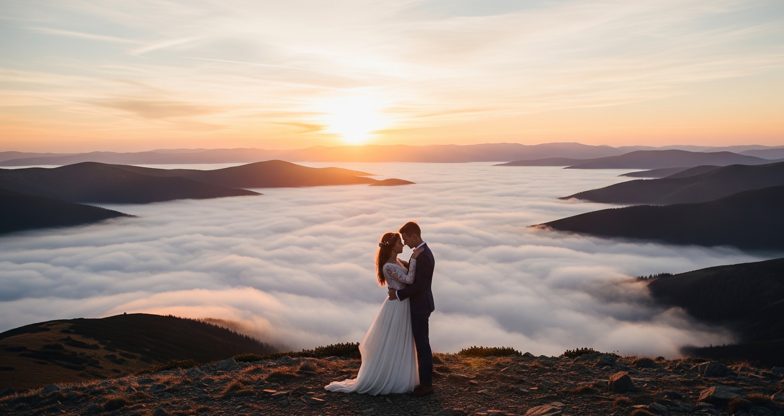 Zachód słońca nad Wrocławiem – klimatyczna fotografia ślubna Para młoda podczas sesji ślubnej o zachodzie słońca we Wrocławiu